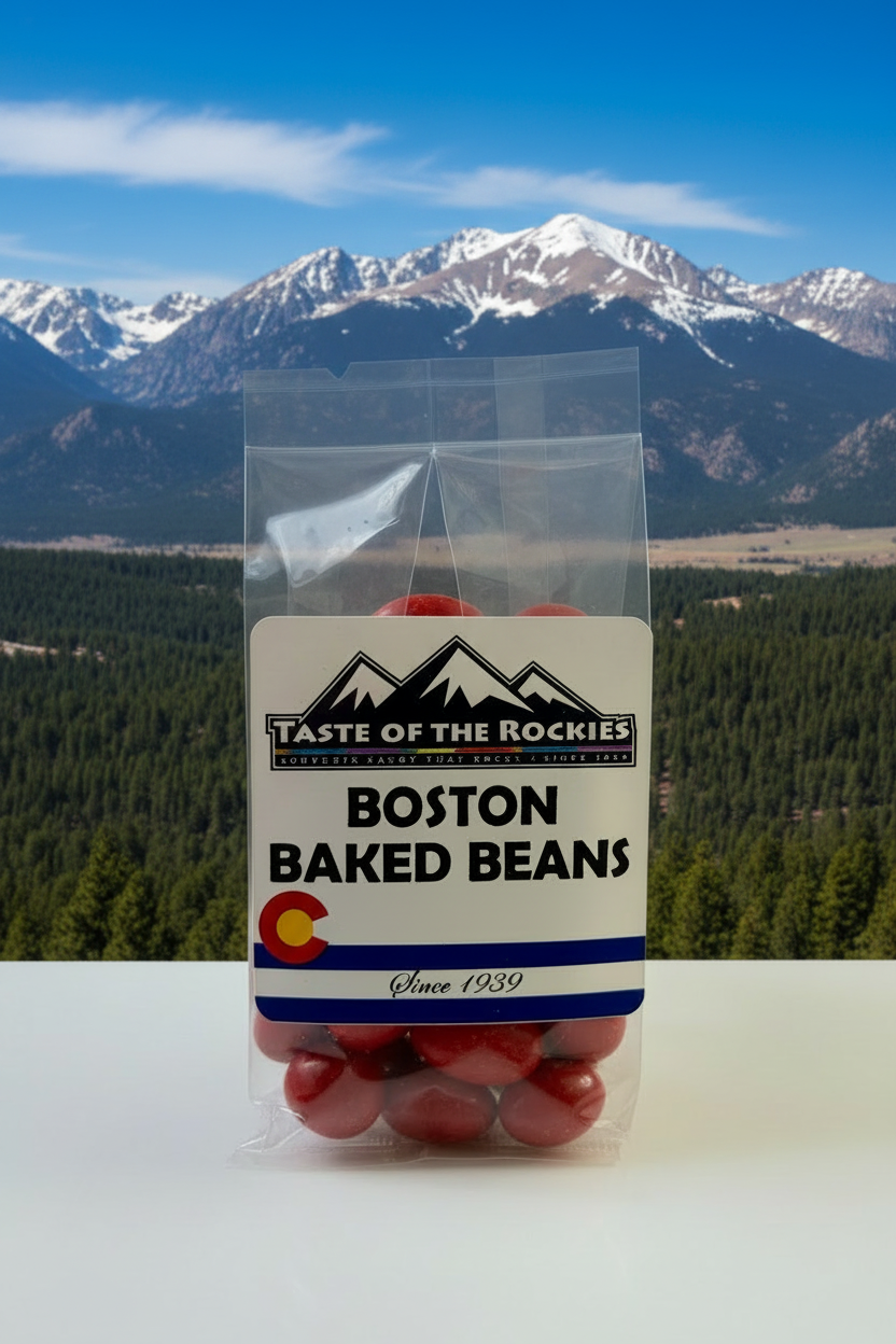 Bag of Boston baked beans with 'Taste of the Rockies' label against a mountainous background